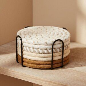 Woven Cotton Coaster Set Set of 8 4 Neutral Tones